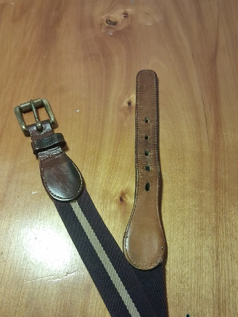 Dooney And Bourke Women Navy and Tan Striped Canvas Belt with Brown Leather Trim